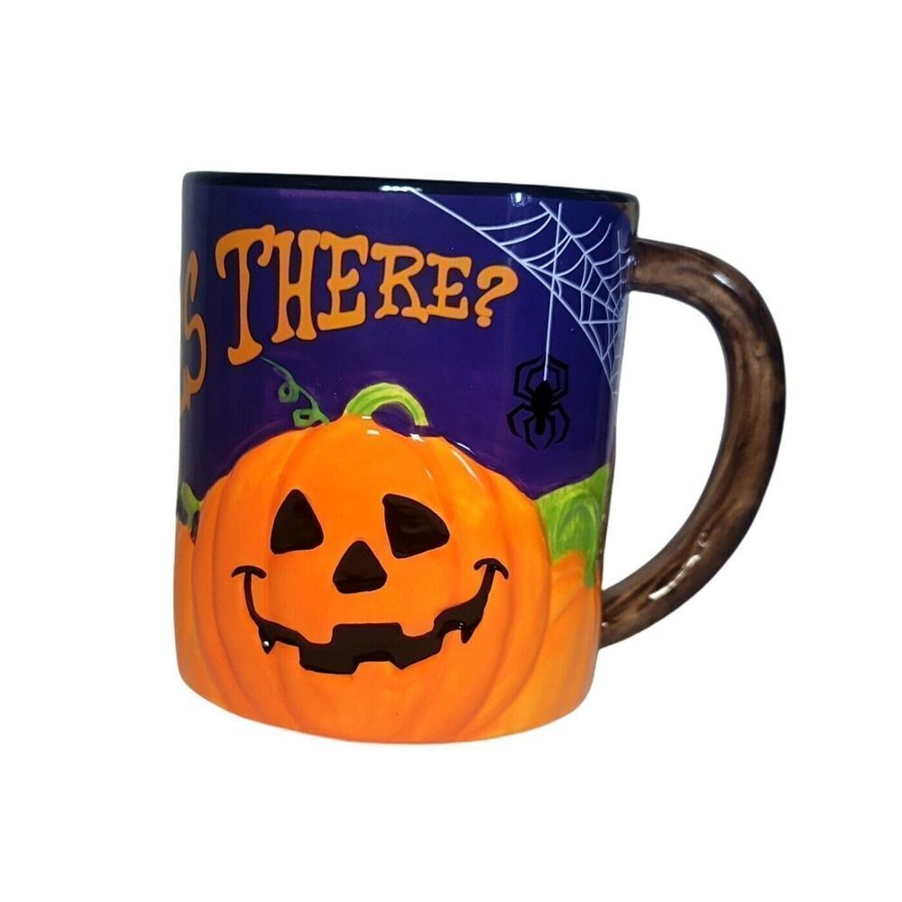 Vtg Whoooo Goes There? Halloween Fall Coffee Tea Mug With Owls Pumpkins Spiders